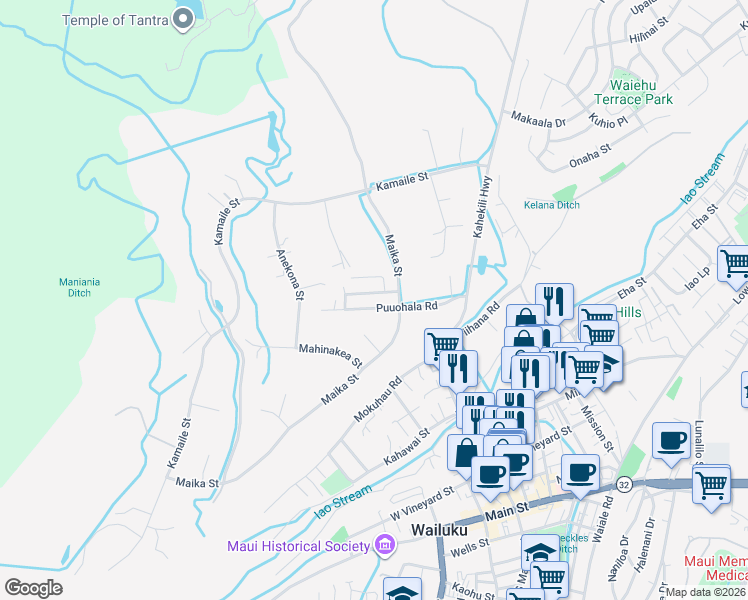 map of restaurants, bars, coffee shops, grocery stores, and more near 2098 Puuohala Road in Wailuku
