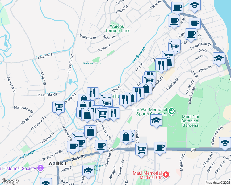 map of restaurants, bars, coffee shops, grocery stores, and more near 351 Lauala Street in Wailuku
