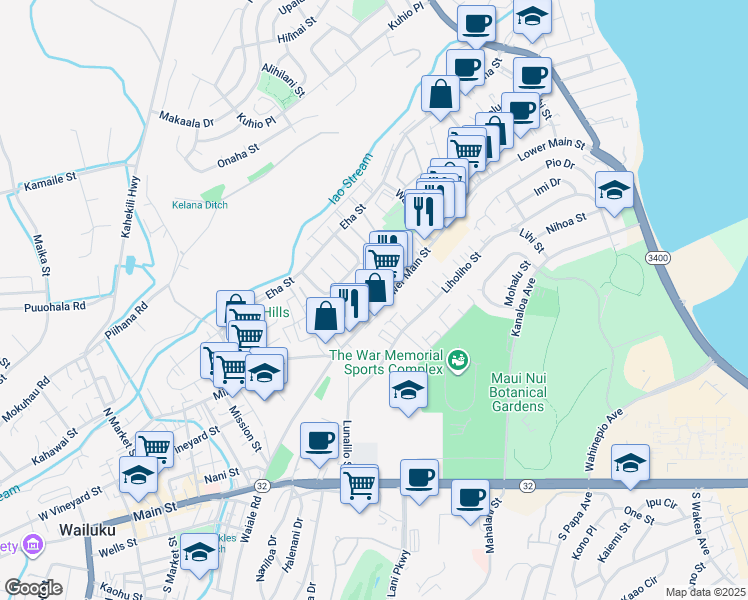 map of restaurants, bars, coffee shops, grocery stores, and more near 1266 Lower Main Street in Wailuku
