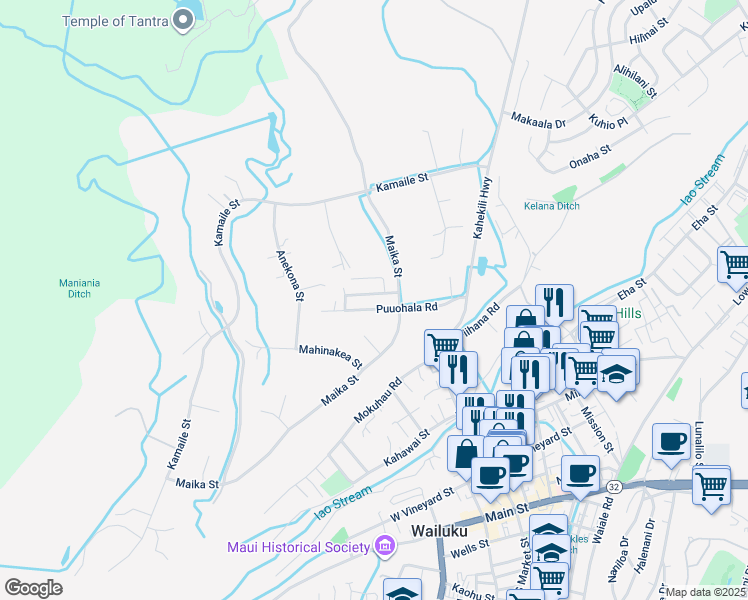 map of restaurants, bars, coffee shops, grocery stores, and more near 2098 Puuohala Road in Wailuku