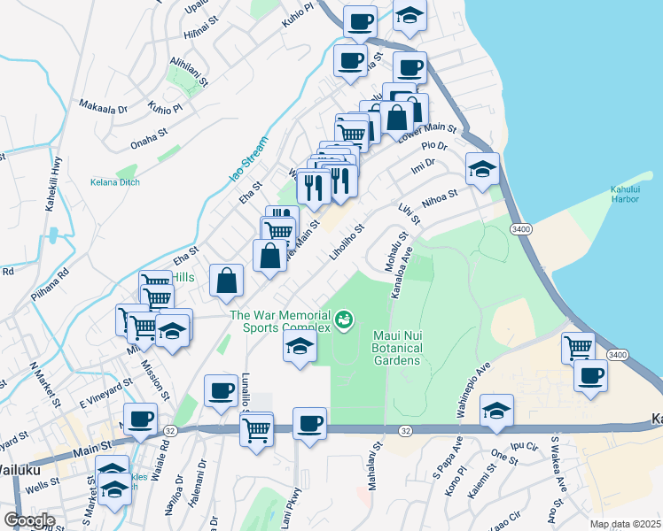 map of restaurants, bars, coffee shops, grocery stores, and more near 370 Liholiho Street in Wailuku
