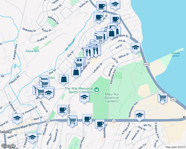 map of restaurants, bars, coffee shops, grocery stores, and more near 370 Liholiho Street in Wailuku