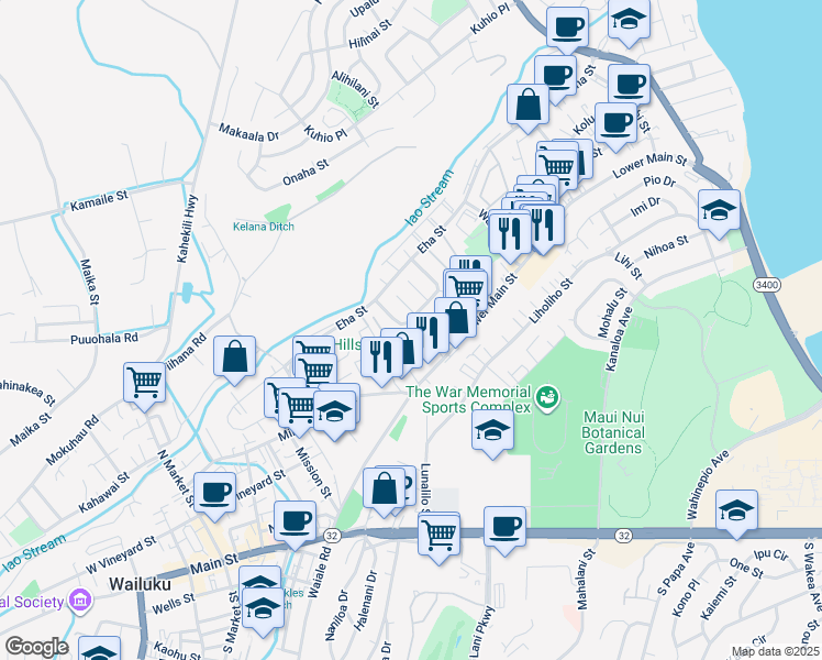 map of restaurants, bars, coffee shops, grocery stores, and more near 115 Iao Loop in Wailuku
