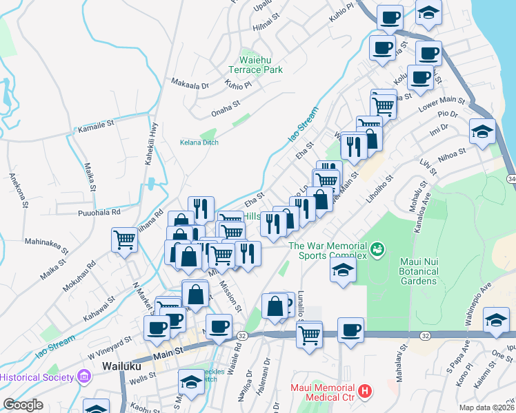 map of restaurants, bars, coffee shops, grocery stores, and more near 1524 Kopili Street in Wailuku