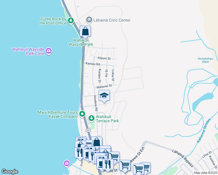 map of restaurants, bars, coffee shops, grocery stores, and more near 210 Malanai Street in Lahaina