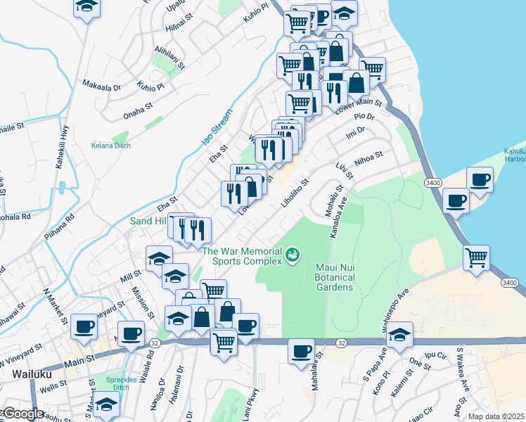 map of restaurants, bars, coffee shops, grocery stores, and more near 339 Liholiho Street in Wailuku