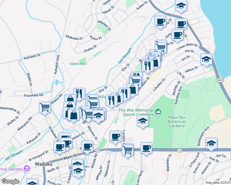 map of restaurants, bars, coffee shops, grocery stores, and more near 129 Iao Loop in Wailuku