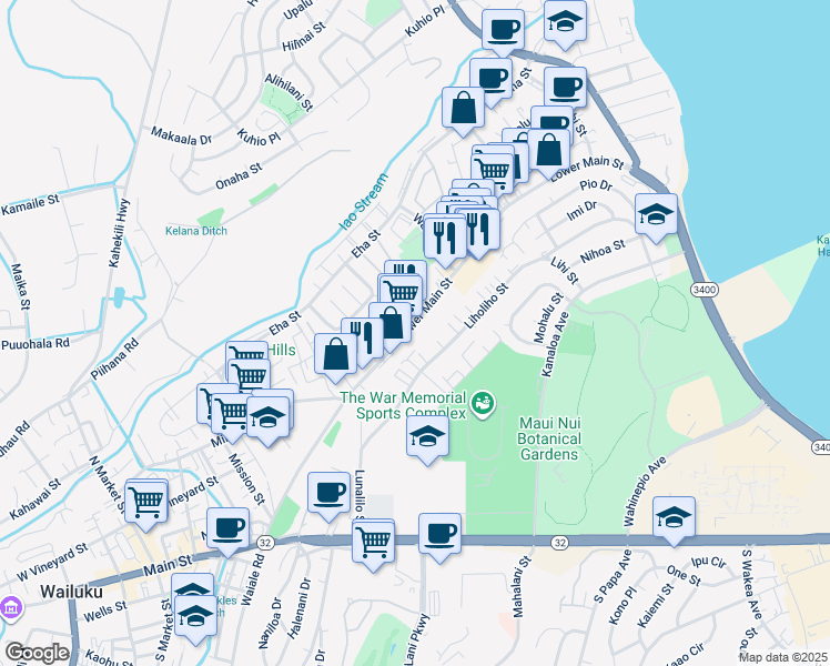 map of restaurants, bars, coffee shops, grocery stores, and more near 1261 Lower Main Street in Wailuku