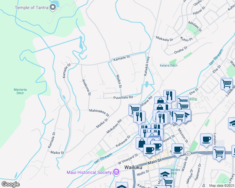 map of restaurants, bars, coffee shops, grocery stores, and more near 2073 Hewahewa Drive in Wailuku