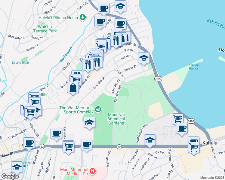 map of restaurants, bars, coffee shops, grocery stores, and more near 265 Mohalu Street in Kahului
