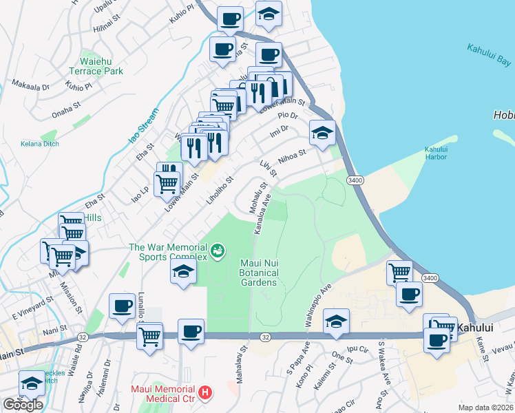 map of restaurants, bars, coffee shops, grocery stores, and more near 268 Mohalu Street in Kahului
