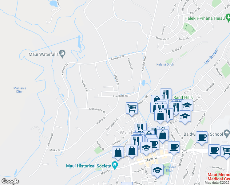 map of restaurants, bars, coffee shops, grocery stores, and more near 2073 Hewahewa Drive in Wailuku