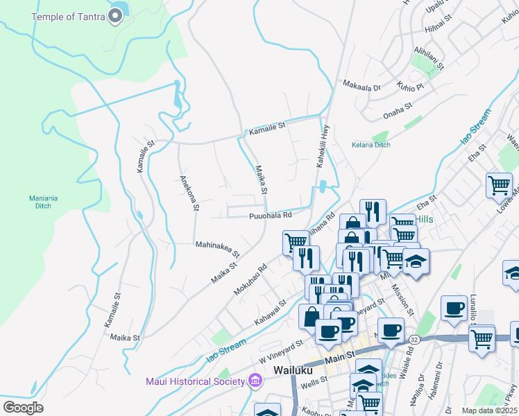map of restaurants, bars, coffee shops, grocery stores, and more near 2073 Hewahewa Drive in Wailuku