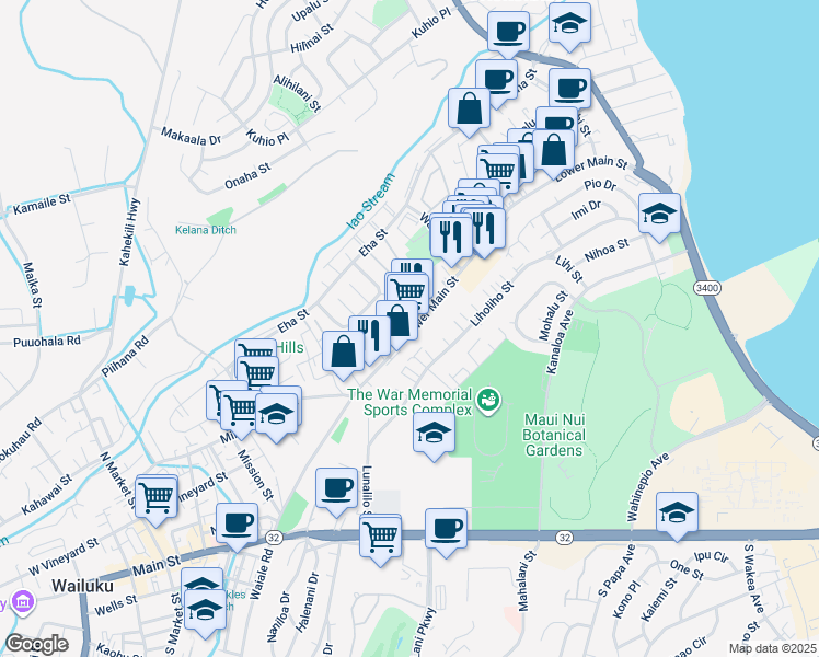 map of restaurants, bars, coffee shops, grocery stores, and more near 1266 Lower Main Street in Wailuku