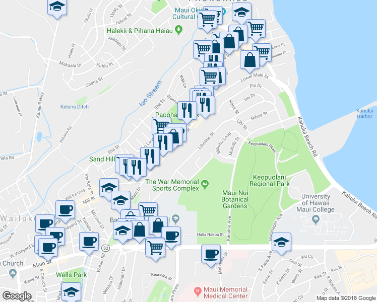 map of restaurants, bars, coffee shops, grocery stores, and more near 363 Liholiho Street in Wailuku