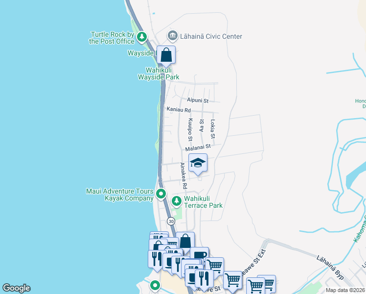 map of restaurants, bars, coffee shops, grocery stores, and more near 1565 Kuuipo Street in Lahaina