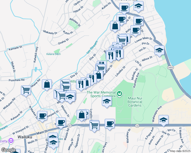map of restaurants, bars, coffee shops, grocery stores, and more near 22 Waiolani Place in Wailuku