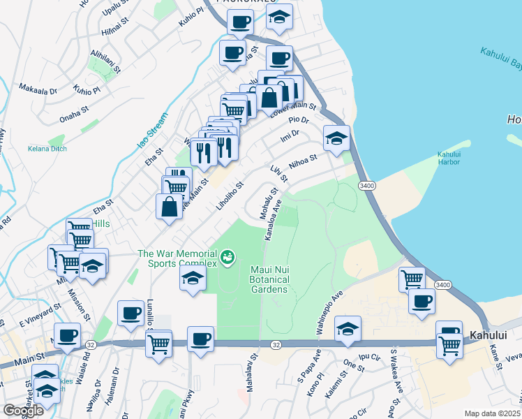 map of restaurants, bars, coffee shops, grocery stores, and more near 265 Mohalu Street in Kahului