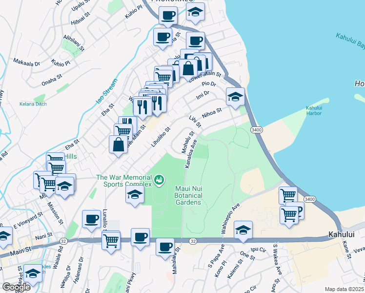 map of restaurants, bars, coffee shops, grocery stores, and more near 265 Mohalu Street in Kahului