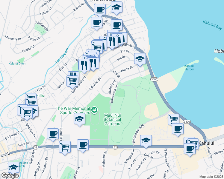 map of restaurants, bars, coffee shops, grocery stores, and more near 268 Mohalu Street in Kahului
