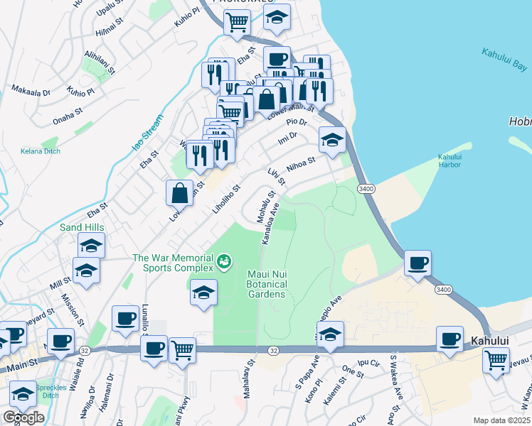 map of restaurants, bars, coffee shops, grocery stores, and more near 268 Mohalu Street in Kahului