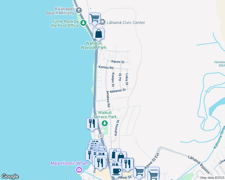 map of restaurants, bars, coffee shops, grocery stores, and more near 1565 Kuuipo Street in Lahaina