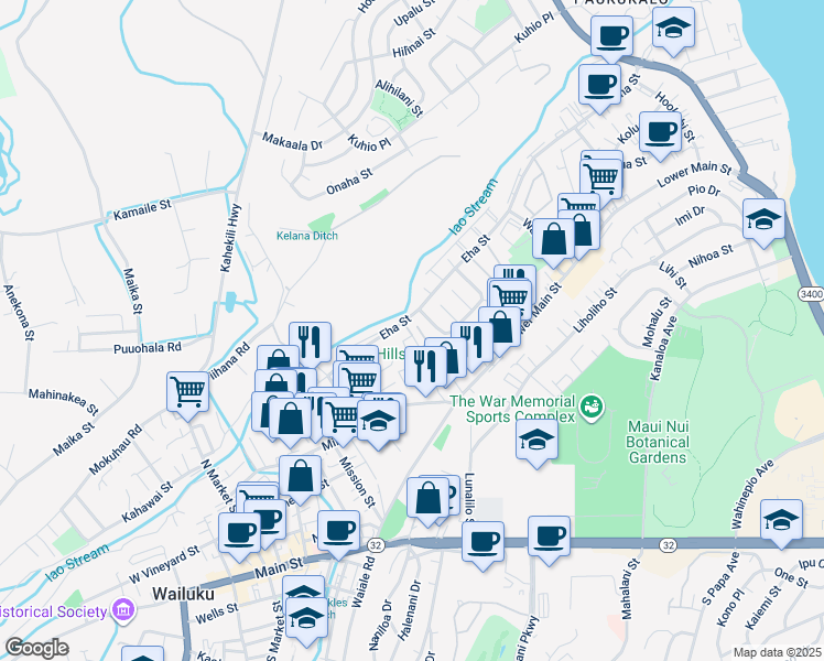 map of restaurants, bars, coffee shops, grocery stores, and more near 348 Kopiko Street in Wailuku