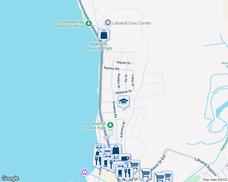map of restaurants, bars, coffee shops, grocery stores, and more near 1565 Kuuipo Street in Lahaina