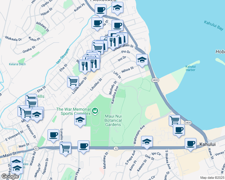 map of restaurants, bars, coffee shops, grocery stores, and more near 268 Mohalu Street in Kahului