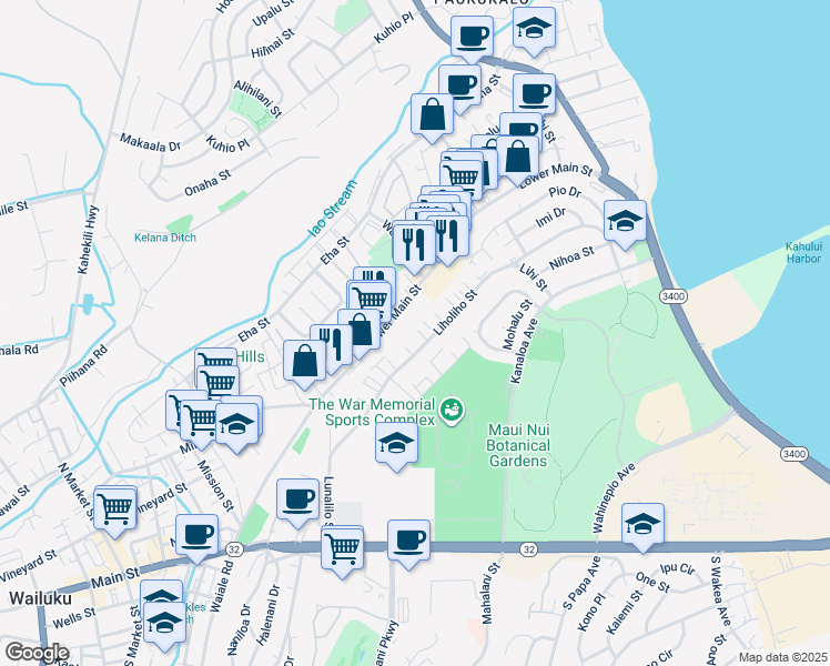 map of restaurants, bars, coffee shops, grocery stores, and more near 363 Liholiho Street in Wailuku