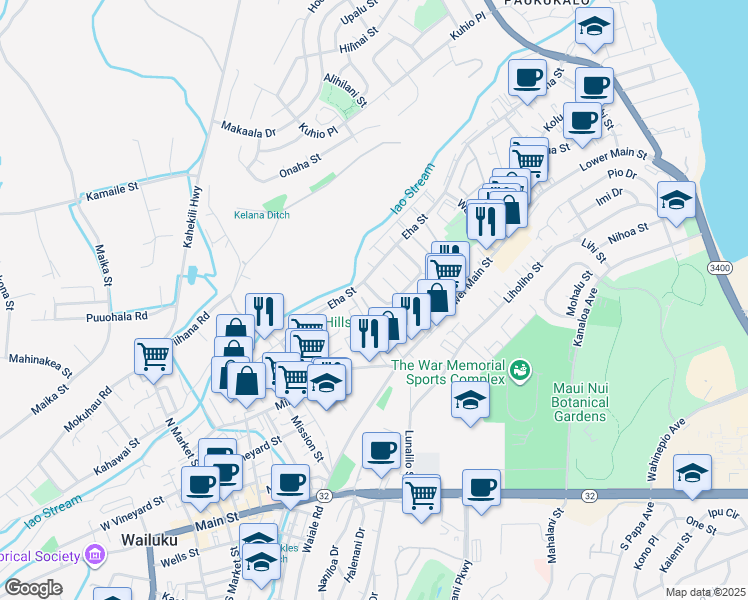 map of restaurants, bars, coffee shops, grocery stores, and more near 145 Iao Loop in Wailuku