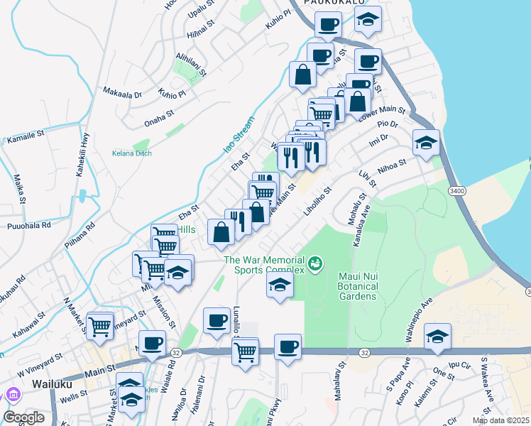 map of restaurants, bars, coffee shops, grocery stores, and more near 1260 Lower Main Street in Wailuku