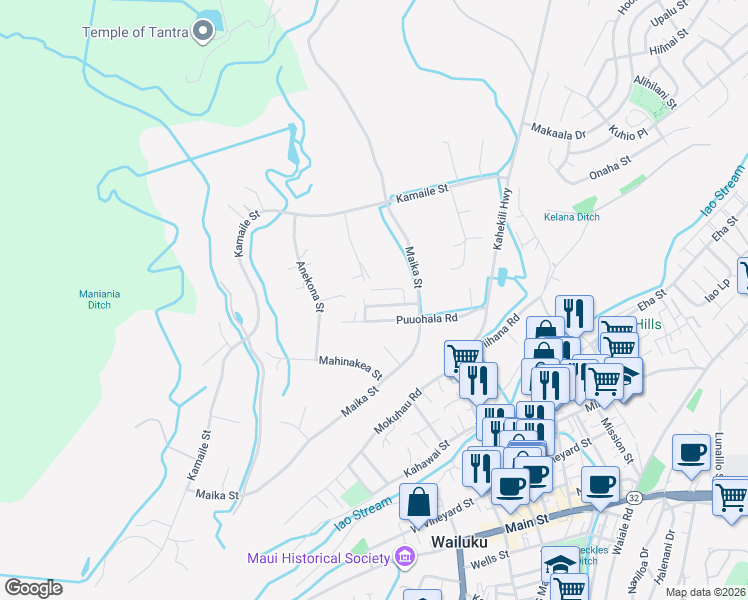 map of restaurants, bars, coffee shops, grocery stores, and more near 2126 Hewahewa Drive in Wailuku