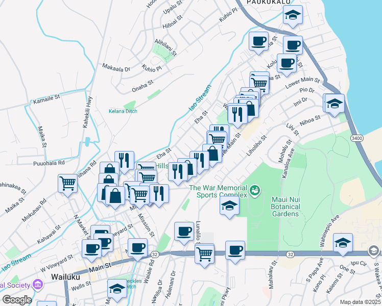 map of restaurants, bars, coffee shops, grocery stores, and more near 23 Koula Place in Wailuku