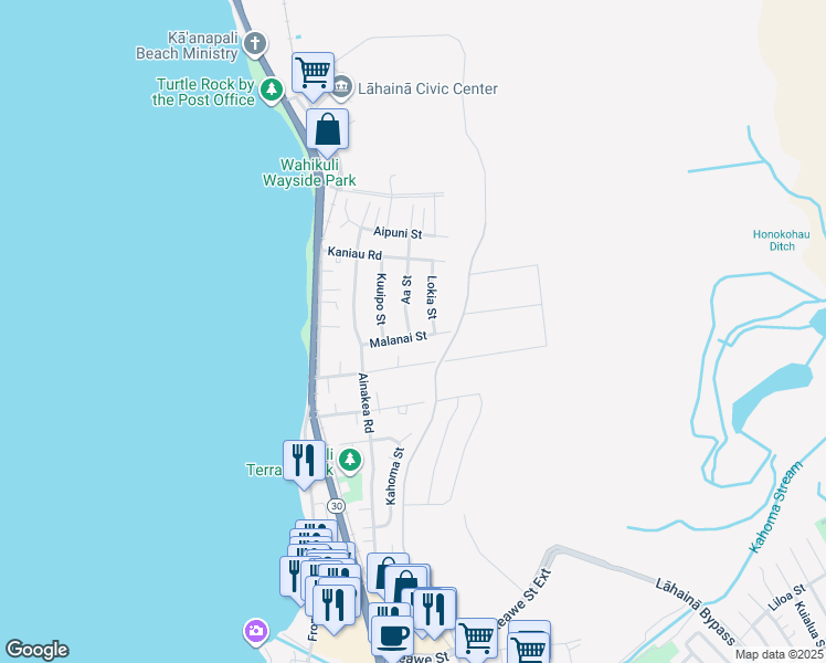 map of restaurants, bars, coffee shops, grocery stores, and more near 210 Malanai Street in Lahaina