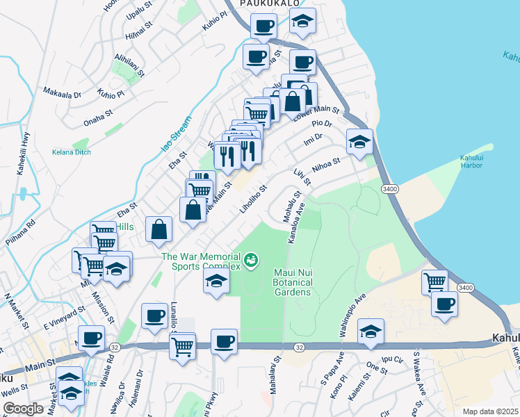 map of restaurants, bars, coffee shops, grocery stores, and more near 334 Makoa Place in Wailuku