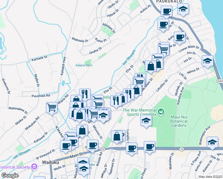 map of restaurants, bars, coffee shops, grocery stores, and more near 348 Kopiko Street in Wailuku