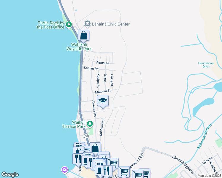 map of restaurants, bars, coffee shops, grocery stores, and more near 1579 Lokia Street in Lahaina
