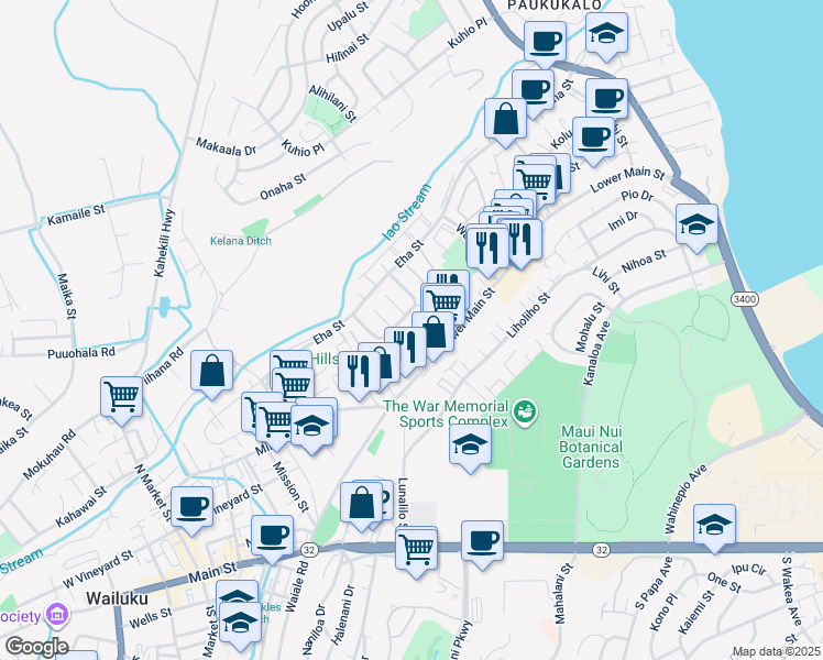 map of restaurants, bars, coffee shops, grocery stores, and more near 23 Waiolani Place in Wailuku