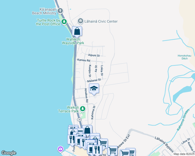 map of restaurants, bars, coffee shops, grocery stores, and more near 211 Malanai Street in Lahaina