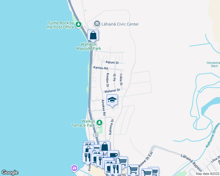 map of restaurants, bars, coffee shops, grocery stores, and more near 1574 Kuuipo Street in Lahaina