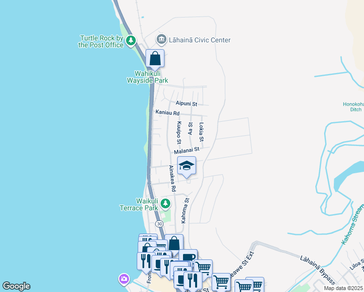 map of restaurants, bars, coffee shops, grocery stores, and more near 1574 Kuuipo Street in Lahaina