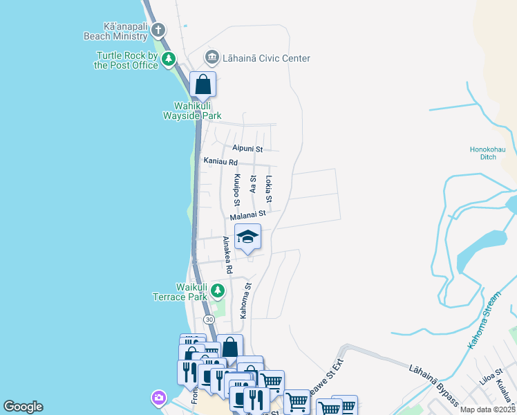 map of restaurants, bars, coffee shops, grocery stores, and more near 211 Malanai Street in Lahaina