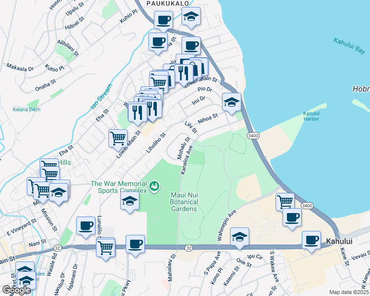 map of restaurants, bars, coffee shops, grocery stores, and more near 282 Mohalu Street in Kahului