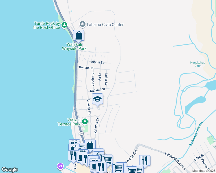 map of restaurants, bars, coffee shops, grocery stores, and more near 1574 Lokia Street in Lahaina
