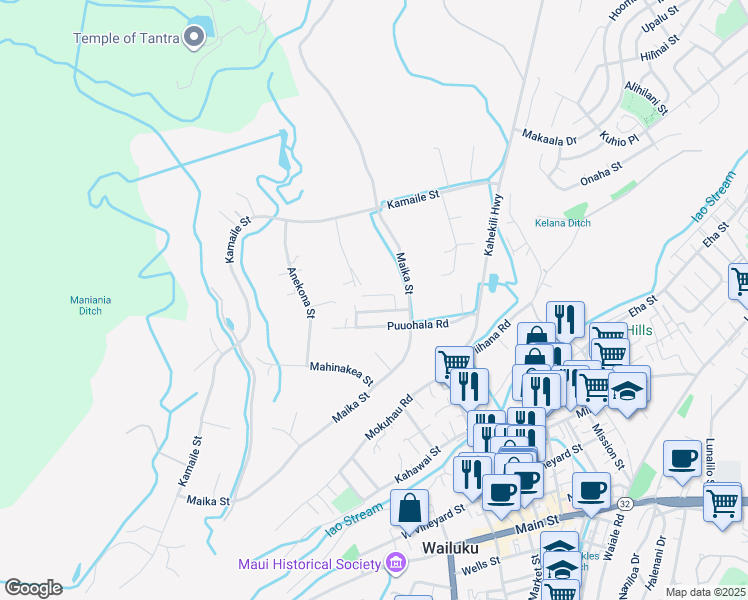 map of restaurants, bars, coffee shops, grocery stores, and more near 2113 Ihumai Place in Wailuku