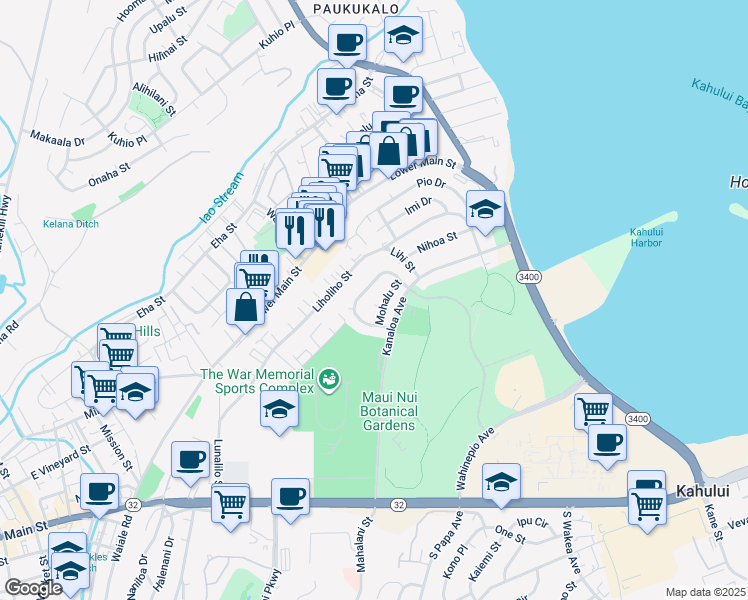 map of restaurants, bars, coffee shops, grocery stores, and more near 280 Moike Place in Kahului