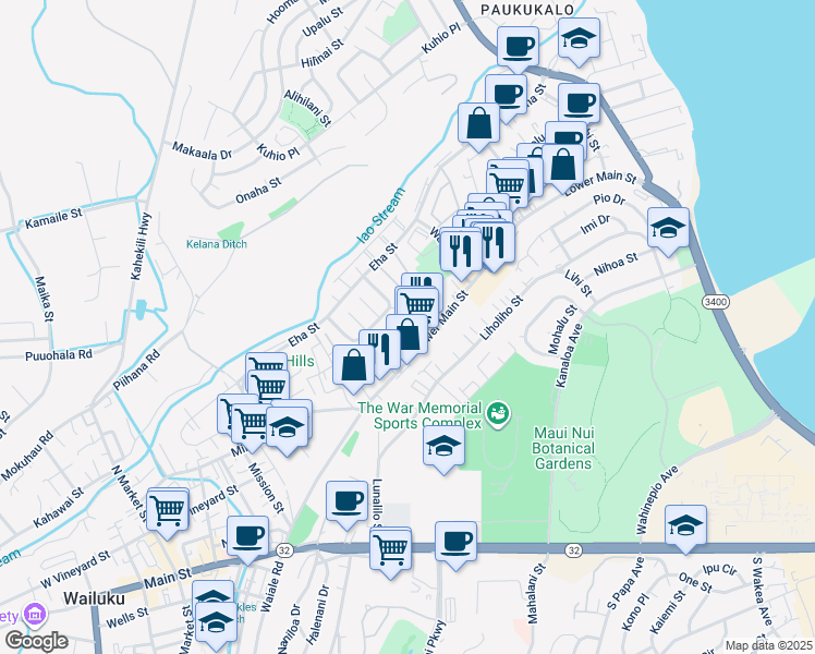 map of restaurants, bars, coffee shops, grocery stores, and more near 231 Nakila Place in Wailuku