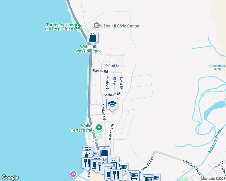 map of restaurants, bars, coffee shops, grocery stores, and more near 1581 Aa Street in Lahaina