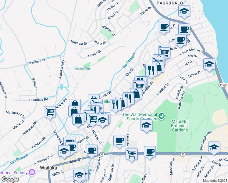 map of restaurants, bars, coffee shops, grocery stores, and more near 161 Iao Loop in Wailuku